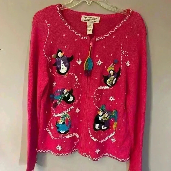 Tiara International Christmas Collection Ugly Sweater Penguins Zip Cardigan XL - Picture 1 of 7